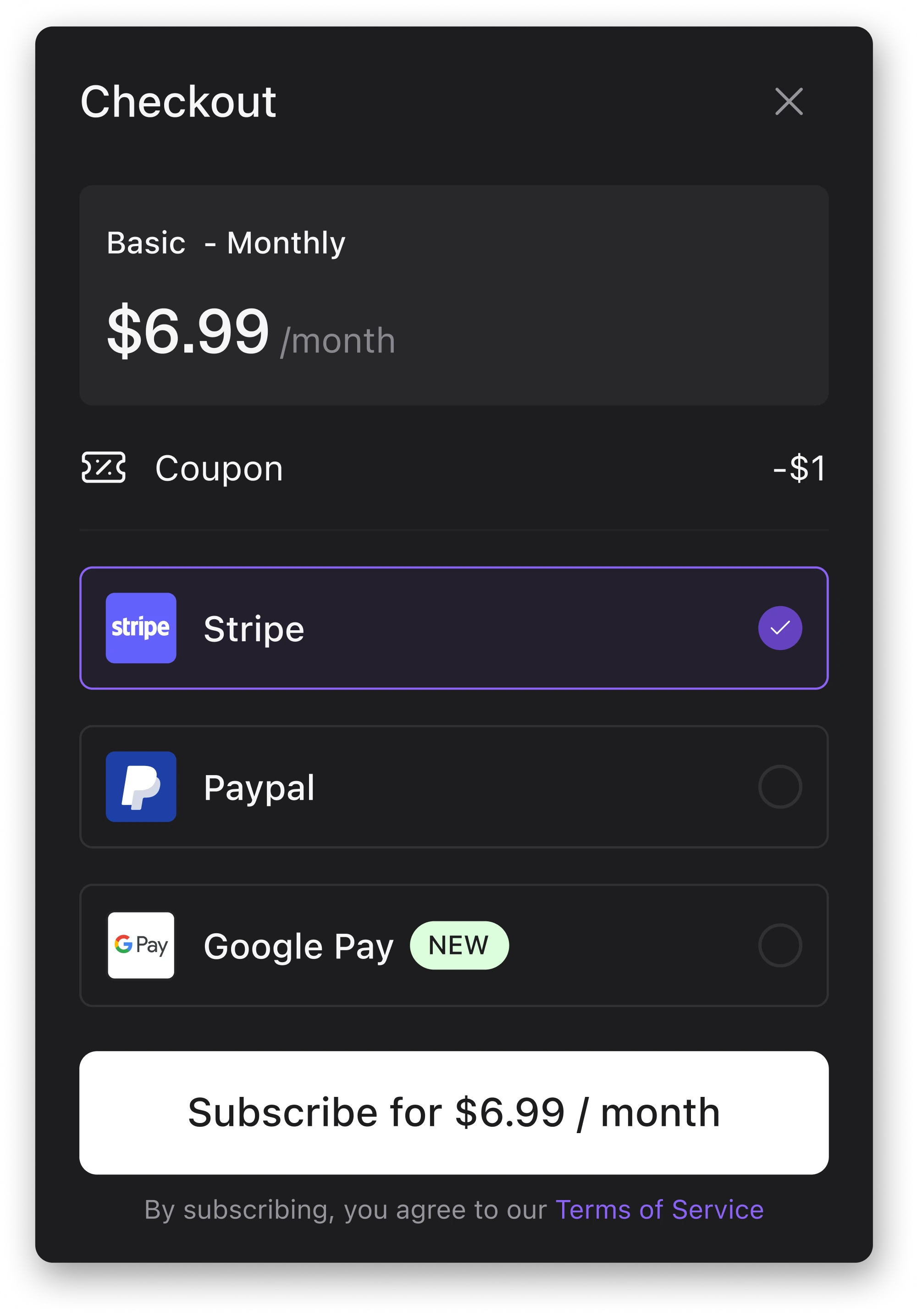 Payment method modal UI in dark mode